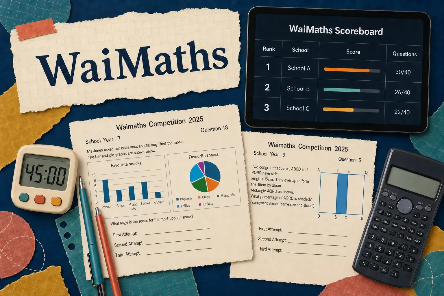 WaiMaths competition sheets with pens, a calculator, a timer, and an online school scoreboard