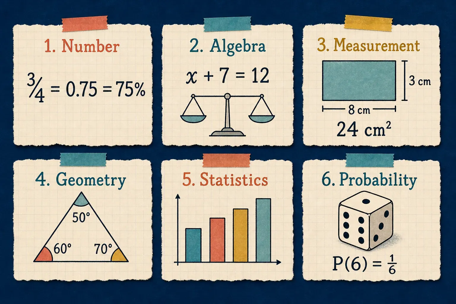 Six separate one-step examples representing Number, Algebra, Measurement, Geometry, Statistics, and Probability