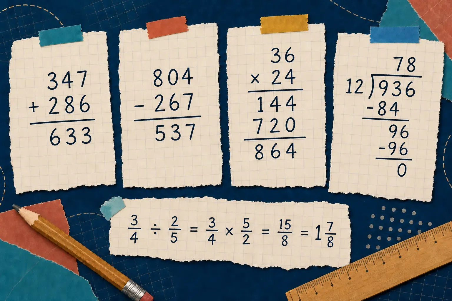 Correctly worked examples of column addition and subtraction, long multiplication, long division, and fraction division